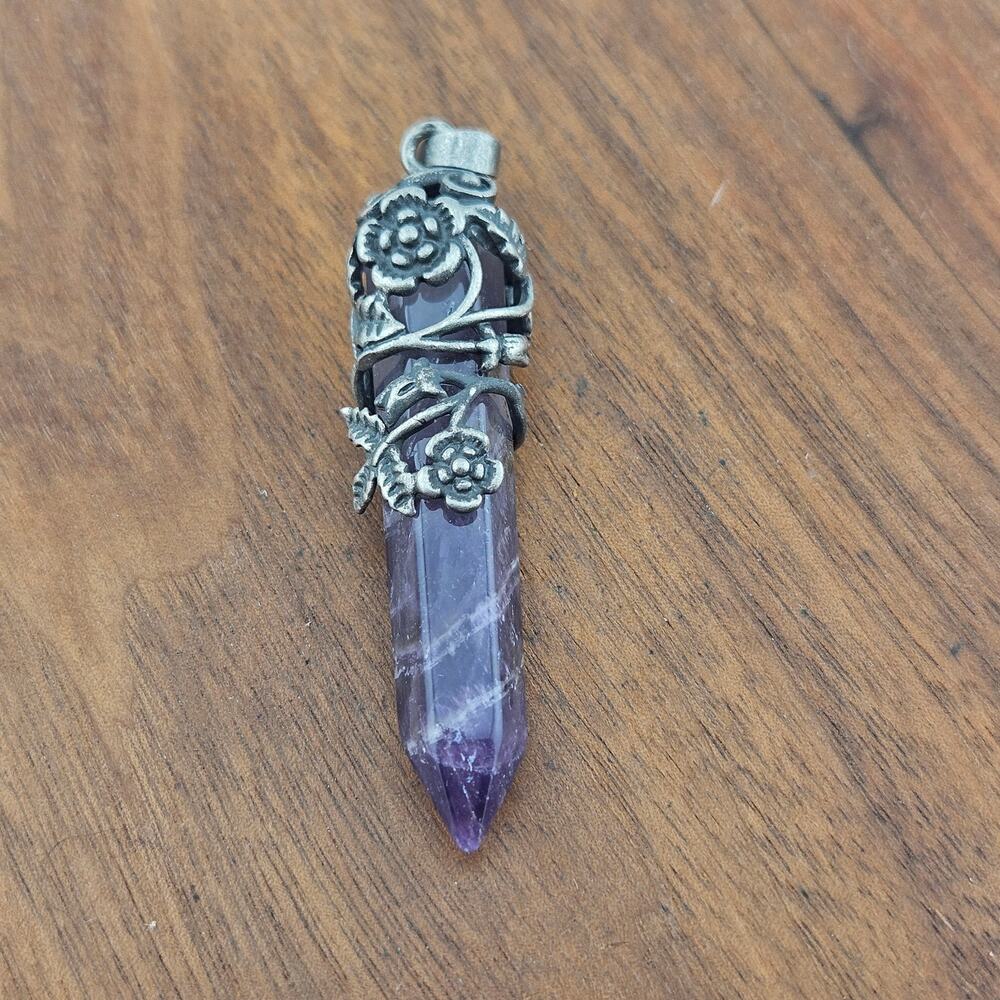 Silver Tone Wrapped Amethyst Obelisk Pendant Fae Fairycore Renaissance Faire